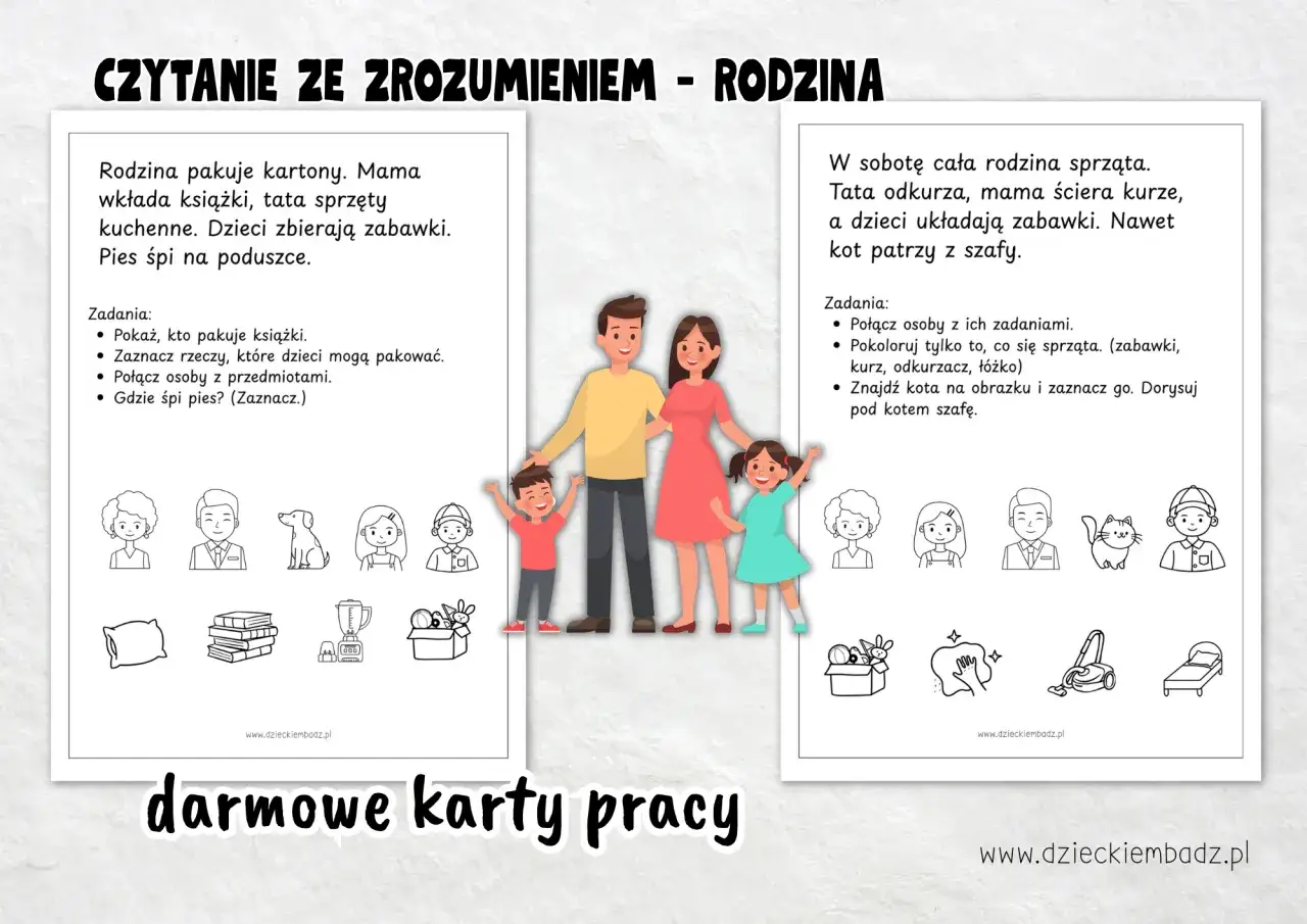 Dziecko z rodzicem czytające książkę z wierszami, uśmiechnięte, ciepłe światło