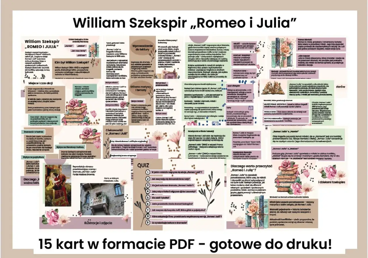 Plakat z informacjami o "Romeo i Julii" Szekspira, z ilustracjami i tekstem.