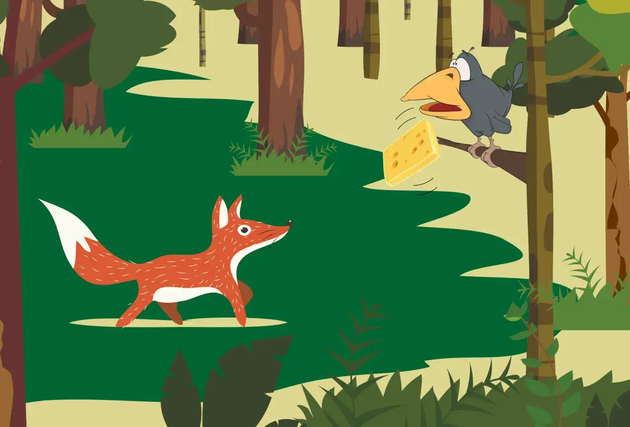 Kruk i lis bajka ilustracja